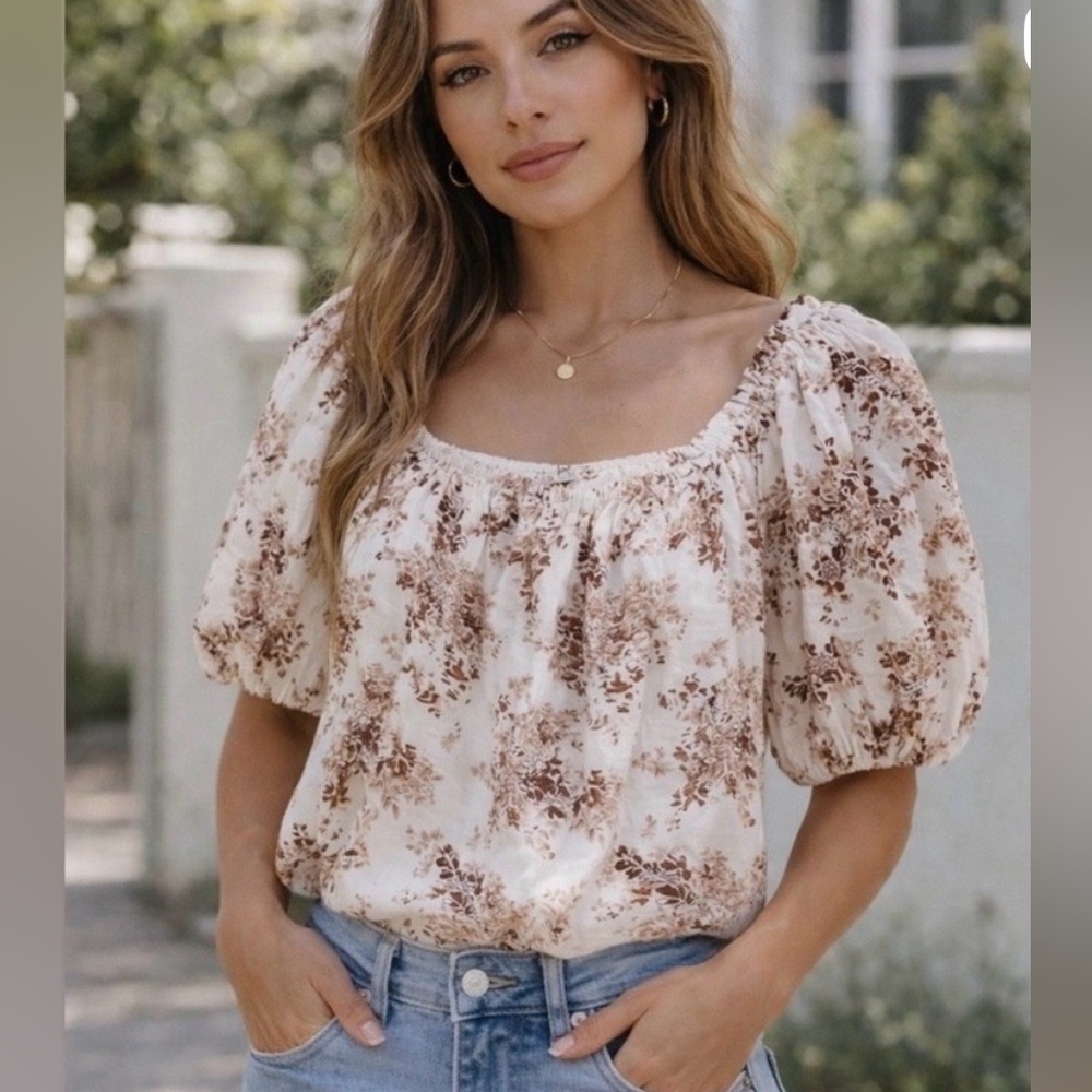 Abercrombie & Fitch Cream Linen Floral Puff-Sleeve Blouse S